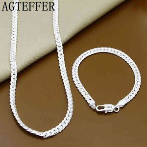 Agteffer S925 argent Sterling 2 pièces 5mm chaîne latérale complète collier Bracelet pour femmes hommes ensembles de bijoux de mode cadeau de mariage