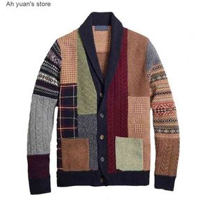 Ah yuan mannen herfst winter lange casual warme breien tikje mouw knoppen vest etnisch patchwork jas sweater l220730