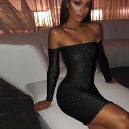 Ahagaga Off Épaule Slash Cou Robe Femmes Moulante Dos Nu Mince Mini Robes Sexy Club Glitter Tenues De Fête Femme Vestidos 210625