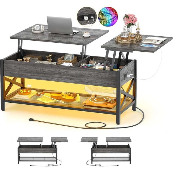 Aheaplus Table basse relevable avec lumière LED et prise de courant – Table moderne avec étagère de rangement pour le salon – Plateau relevable en X avec cadre en métal chêne noir