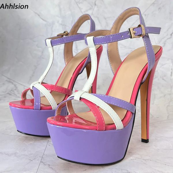 Ahhlsion nouvelles femmes sandales d'été brevet Sexy talons aiguilles bout rond belles chaussures de fête violettes dames nous grande taille 5-20