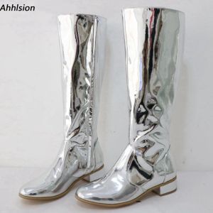 Ahhlsion echte foto's dames winter knie laarzen plat met hakken rond teen prachtige zilveren feestschoenen dames ons plus maat 5-20
