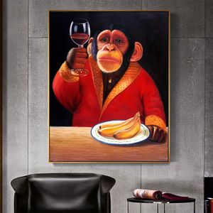 Ahpainting muur kunst canvas schilderen schilderen dieren foto poster aap chimpanseing wijn roken woonkamer woonkamer woning decor geen frame