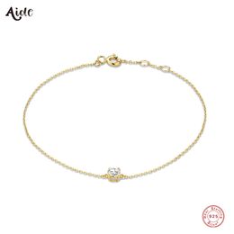 Aide 925 Sterling Silver Single Round Blanc Zircon Chaîne Bracelets Pour Femmes Plaqué Or 18K Simple Bracelet Tempérament Bijoux