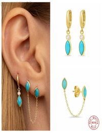 Aide 925 Sterling Zilveren Vintage Blauw Turquoise Ovale Steen Hanger Drop Oorbellen Vrouwen Dubbele ds Chain Earring Partij Siera4582161