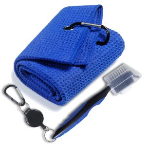 AIDS 40 * 60cm serviettes de golf, Microfibre Waffle Pattern Trifold Golf Towl Brush Tool Kit avec Club Groove Cleaner, avec clip