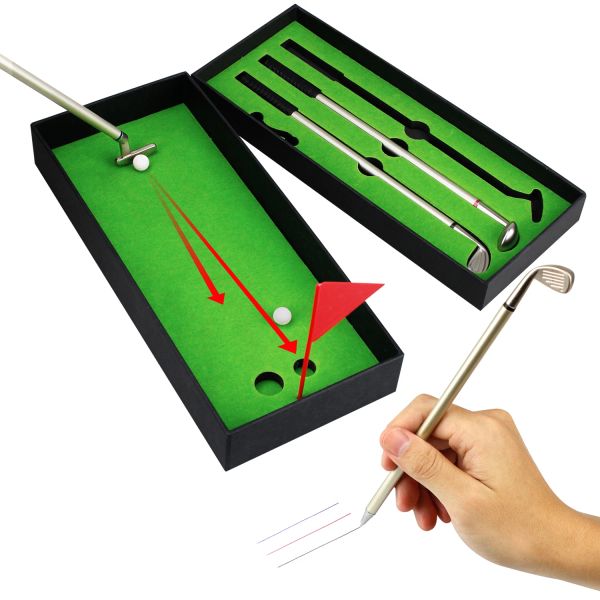 Juego de bolígrafos de golf Aids, minibolígrafo de escritorio con pelota de golf, regalo que incluye Putting Green, 3 palos, bolígrafo, bolas y juegos de escritorio con bandera