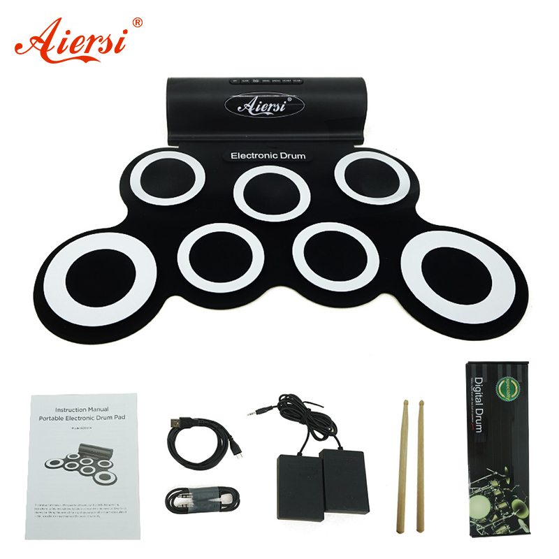 Aiersi Electronic Drum Digital USB MIDI 7 Pads Roll Up Set Silicone Electric Drum Pad Kit met Drumsticks Sustain Pedal