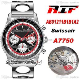 AIF B01 Chronograph 43 Swissair A7750 Automatic Mens Watch AB01211B1B1A1 Black White Dial Down Steel Hole Bracelet Edition PTBL PU219B