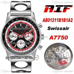 AIF B01 Chronographe 43 Swissair A7750 Montre automatique pour homme AB01211B1B1A1 Cadran noir et blanc Bracelet à trous en acier Édition PTBL Pu268l