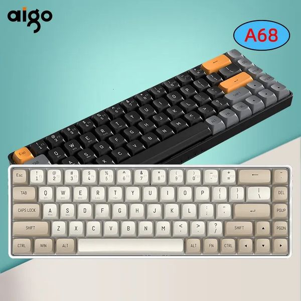 Aigo A68 Gaming Bluetooth Teclado mecánico 24G USB inalámbrico Typec Cableado Interruptor amarillo 68 Teclas Recargable Gamer 240229