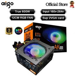 Aigo AK 600W PC PSU-voeding Zwart Gaming Stille 120mm RGB-ventilator 24pin 12V ATX Desktop Computer Voeding voor BTC 240307