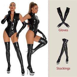 AIIOU Lingerie Érotique Wet Look Faux Cuir Catsuit Femmes Sexy Fermeture Éclair Ouvert Entrejambe Body Sexe Vêtements Maîtresse Porno Costumes 240117