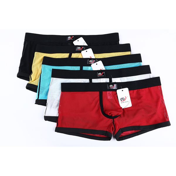 AIIOU hommes sous-vêtements Boxer Shorts 5 pièces Sexy voir à travers maille trou Transparent érotique Gay poche soie hommes Boxer Shorts sous-vêtements