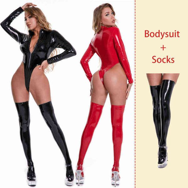 AIIOU Sexy PU Cuir Lingerie Brillant En Cuir Bodys avec Chaussettes Femmes Wet Look Latex Catsuit Exotique Maîtresse Costumes Bondage W220318