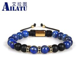 Ailatu Wholesale 10pcs Cubic Micro Pave Black CZ Spacer Berds Brailet Bracelet avec Lapis Tiger Tiger Eye Stone Bijoux 240417