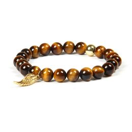 Ailatu femmes hommes bijoux entier 10 pièces lot 8mm naturel œil de tigre pierre perles de prière avec aile hibou pendentif Bracelet260S