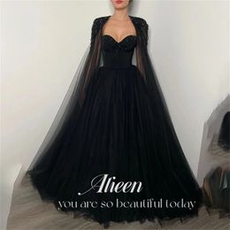 Aileen Gothic Zwart Vestido De Novia Kralen Cape mouw Prom Gown Sexy A-lijn Prom Dress Kant Borduren 240202