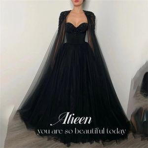 Aileen Gothic Zwart Vestido De Novia Kralen Cape mouw Prom Gown Sexy A-lijn Prom Dress Kant Borduren 240202