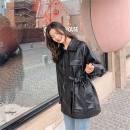 Ailegogo automne femmes coupe ample longue veste en simili cuir noir avec ceinture décontracté femme Streetwear Pu Biker poches manteau 220815