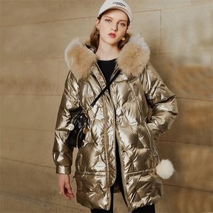Ailegogo Big Real Fur Hooded Jacket 90% Duck Down Long Coat Dikke Warm Snow Outswear Women Golden Winter Parkas 201126
