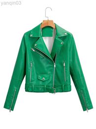 Ailegogo Nieuwe Spring herfst Women Pu Faux Leather Short Jacket met riem streetwear vrouwelijke rits Moto Biker groene jas uit het oog l220801