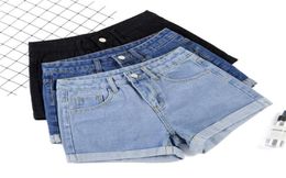 Ailegago New Summer Women Leg Amre Blue Winsta Black Denim pantalones cortos de jeans blancos de color sólido de color blanco.