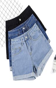 Ailegogo Nieuwe zomer vrouwen Wide Leg Classic High Taille Black Denim Shorts Casual vrouwelijke Solid Color White Blue Loose Jeans Shorts 22018919