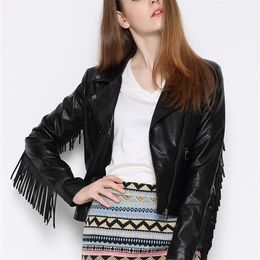 Ailegogo Spring Women Fringed Pu Leather Jacket Streetwear Vrouw Slim Moto Biker Tassel Faux Lederen jas Zwart Outwear 220815