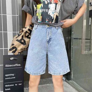 AilegoGo zomer vrouwen hoge taille wijd been zwart denim shorts casual vrouwelijke losse rechte knop jeans bermuda 210714
