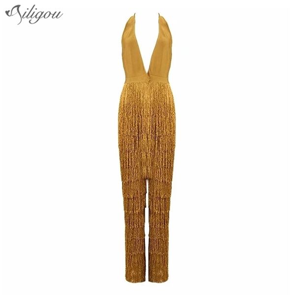 Ailigou New Summer Ladies Bandage Jumpsuit Yellow Tassel Bodycon Jumpsuit Club V-Neck Club Party Sexy Spandex Jumpsuit T200509