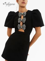 Ailigou Summer Dames Black Sexy Short Sleeve Round Neck Bow Hollow Tight Mini Bandage Dress Elegant Party 240513