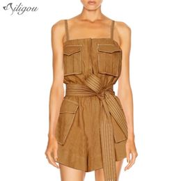 Ailigou dames s zomer spaghetti riem werkkleding rompreert modeontwerpster dames s bow tie riem pocket casual jumpsuit t200704
