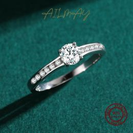 AILMAY REAL 925 STERLING Silver Sparkling 1ct CZ Wedding Empilable Dinger Ring For Women Platinum Brande Fine Bijoux Cadeau
