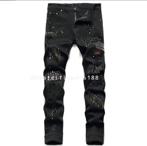 AIM24 Black Men's Jeans Small Straight Black Black Black Men's Slim Bouncy Ripped Willow Nail Jeans Pantalon tendance