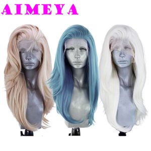 Aimeya Ash Blue Heat Resistant Synthetic Front Wig Long Natural Wave Mix Blonde Lace Pruiken Roze Dagelijkse gebruik Cosplay