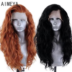 AIMEYA gingembre synthétique dentelle avant perruque longue ondulée cheveux synthétiques perruques Cosplay dentelle perruques pour femmes noir résistant à la chaleur fibre perruque 240111