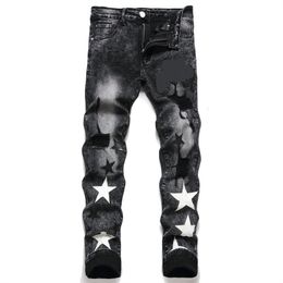 AIMIRS Designer Jeans Jeans pour hommes avec étoiles jeans pour hommes Pantalon de crayon en ajustement régulier LETTRE DE LETTRE IMPRIMÉE MOTOBILIER MOTOBER BLACK MOTOBER DENIM HOMME Ripped