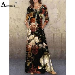 Aimsnug automne bohème fleur imprimé robe à manches longues robe Maxi surdimensionné 3XL dames Vintage ALine Femme 240106