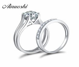 Aneenhi 925 STERLING Silver 4 Prongs Engagement Anneaux de mariée SETA Round Cut Wedding Anniversary Silver Bridal Ring Set Y20013213008