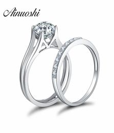 Aneenhi 925 STERLING Silver 4 Prongs Engagement Anneaux de mariée SETA Round Cut Wedding Anniversary Silver Bridal Ring Set Y20014209944