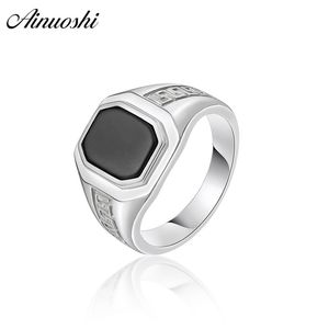 AINOUSHI 925 Sterling Silver Hommes Bague De Fiançailles De Mariage Noir Solitiare Géométrique Mâle Argent Anniversaire Anneau De Fête Bijoux Y200106