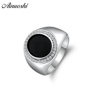 AINOUSHI 925 Sterling Silver Hommes Bagues De Fiançailles De Mariage Noir Ovale Mâle Argent Complices Anniversaire Halo Anneaux Filles Bijoux Y200106