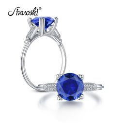 AINOUSHI 925 Sterling Silver Rings Femmes Bagues De Fiançailles 2ct Ronde Bleu Pierre Bijoux En Argent Créé Tanzanite Gemstone Anneaux Y200106