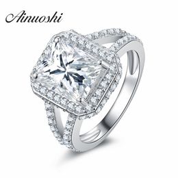 Aneenhi Luxury 3 Carat Brilliant Rectangle Princess Cut Sona Split Shank Halo Engagement 925 Sterling Silver for Women Wedding Y200106