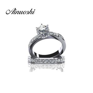 AINOUSHI solide 925 bagues en argent pour les femmes coupe ronde SONA bijoux bague ensembles mariage fiançailles bagues de mariée bijoux bague Y200106