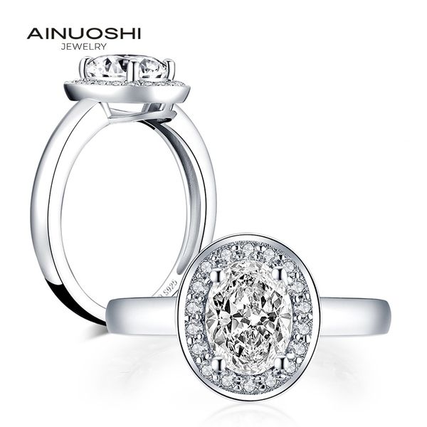 AINUOSHI 925 plata esterlina 1.25 CT corte ovalado halo anillos compromiso diamante simulado mujeres boda plata anillos nupciales regalos Y200106