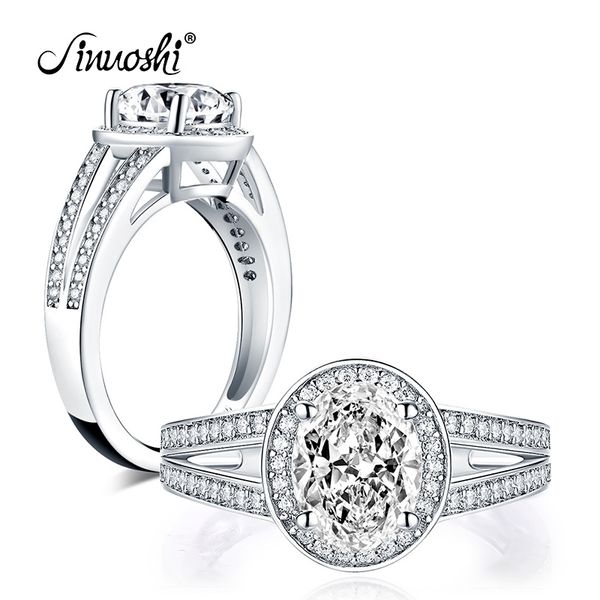 AINUOSHI 925 Sterling Silver 2.0 CT Oval Cut Halo Anillo Compromiso Diamante simulado Mujeres Boda Anillos de plata Regalo de la joyería Y200106