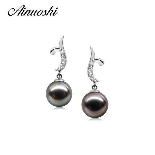 AINUOSHI 925 boucles d'oreilles en argent sterling perle de culture noire Tahiti 9-9.5mm boucles d'oreilles de fiançailles en perles rondes parfaites cadeau Y200107