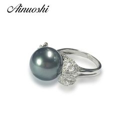 AINUOSHI 925 Sterling Silver Hear en forme de femmes bague de mariage perles de Tahiti 12mm ronde perle anniversaire amant anneaux bijoux Y200106